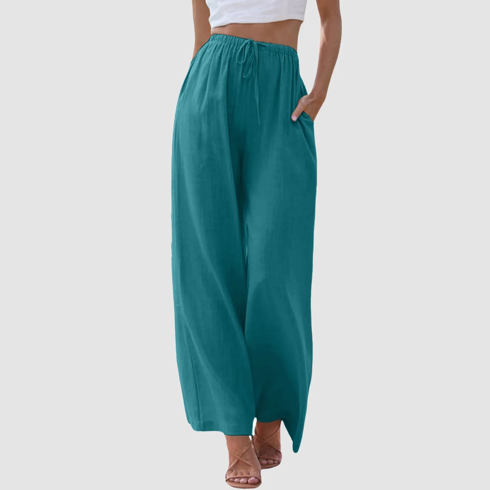Women's High Waist Wide Leg Pants - Casual Drawstring Trousers