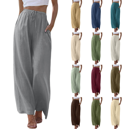 Women's High Waist Wide Leg Pants - Casual Drawstring Trousers