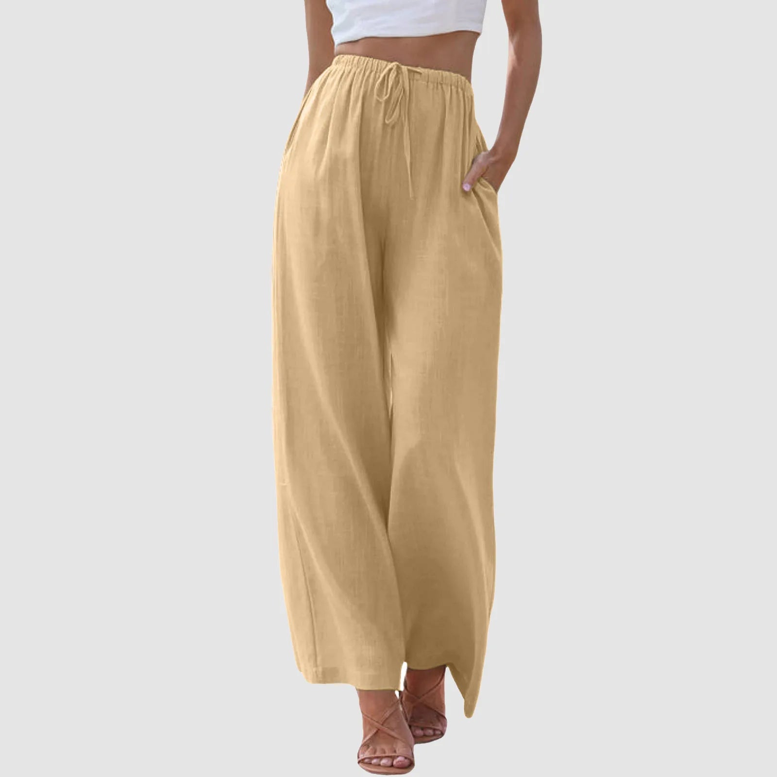 Women's High Waist Wide Leg Pants - Casual Drawstring Trousers