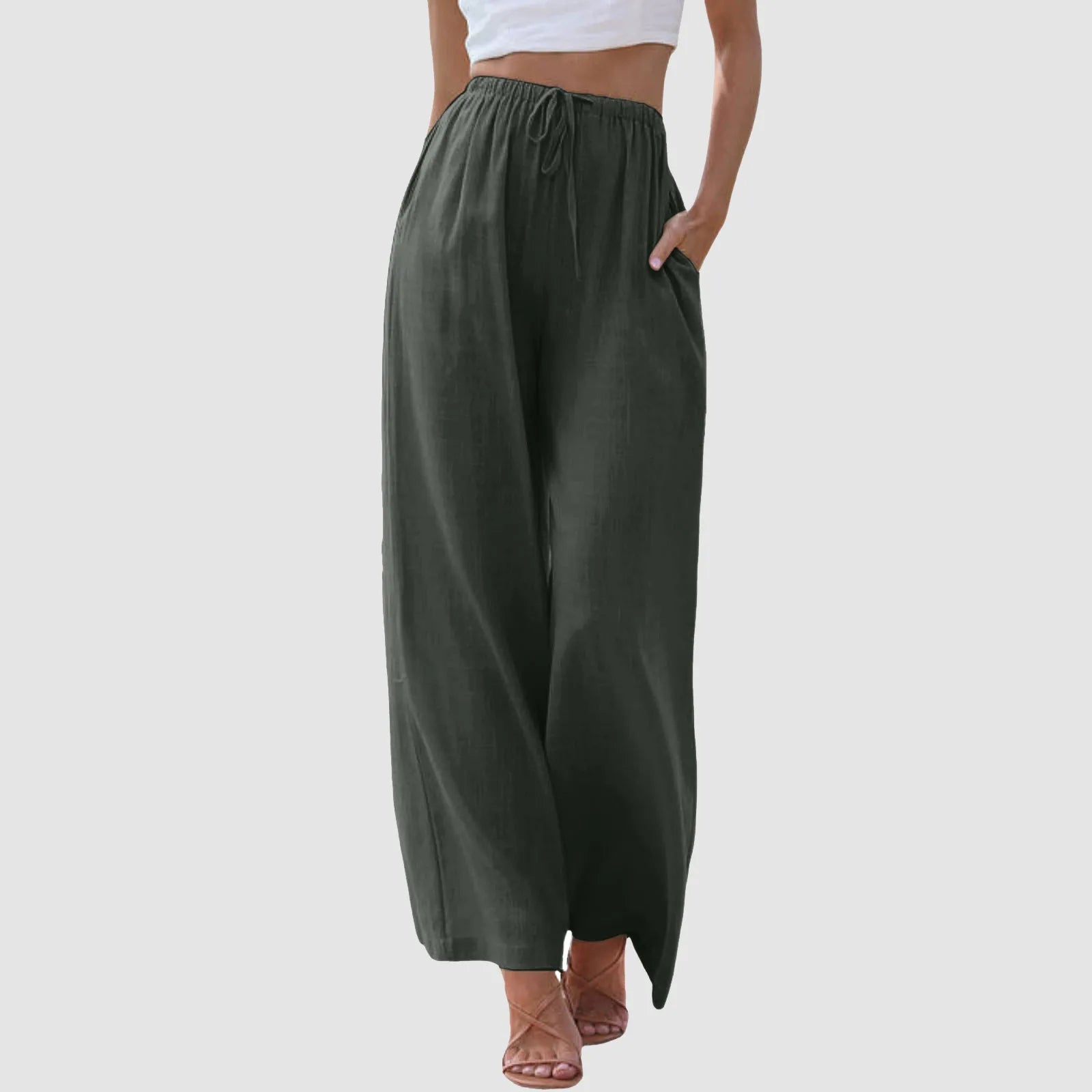 Women's High Waist Wide Leg Pants - Casual Drawstring Trousers