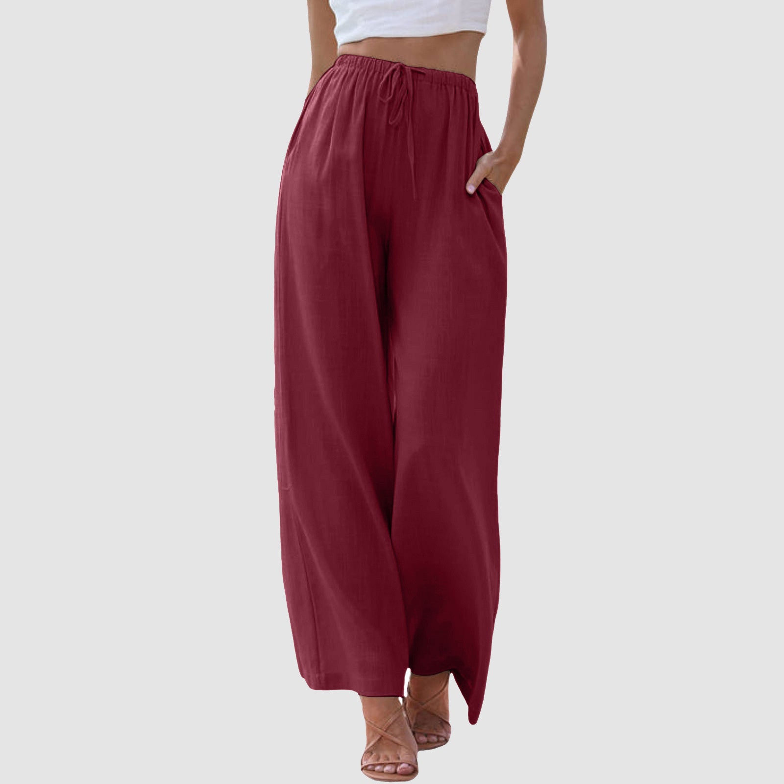 Women's High Waist Wide Leg Pants - Casual Drawstring Trousers