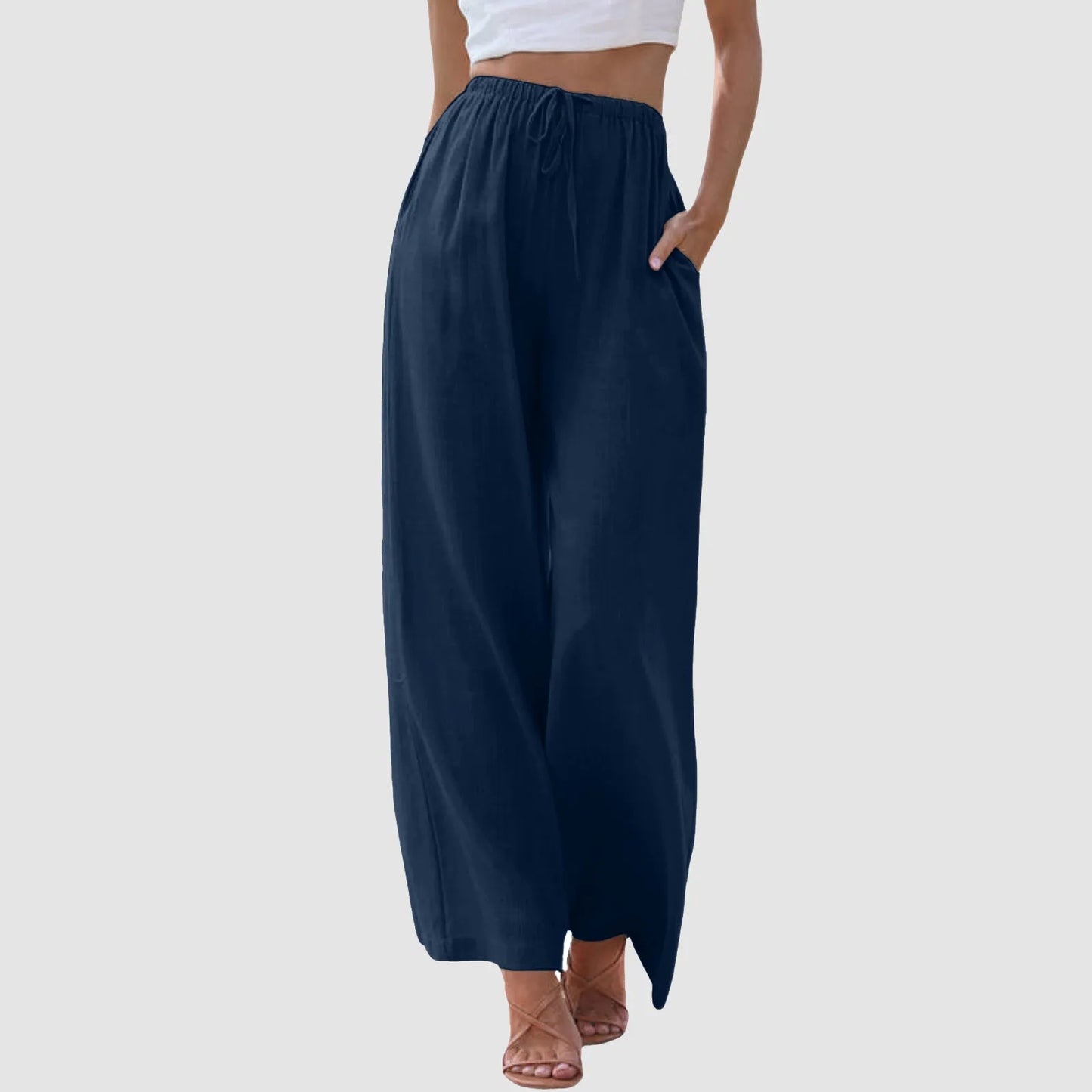 Women's High Waist Wide Leg Pants - Casual Drawstring Trousers