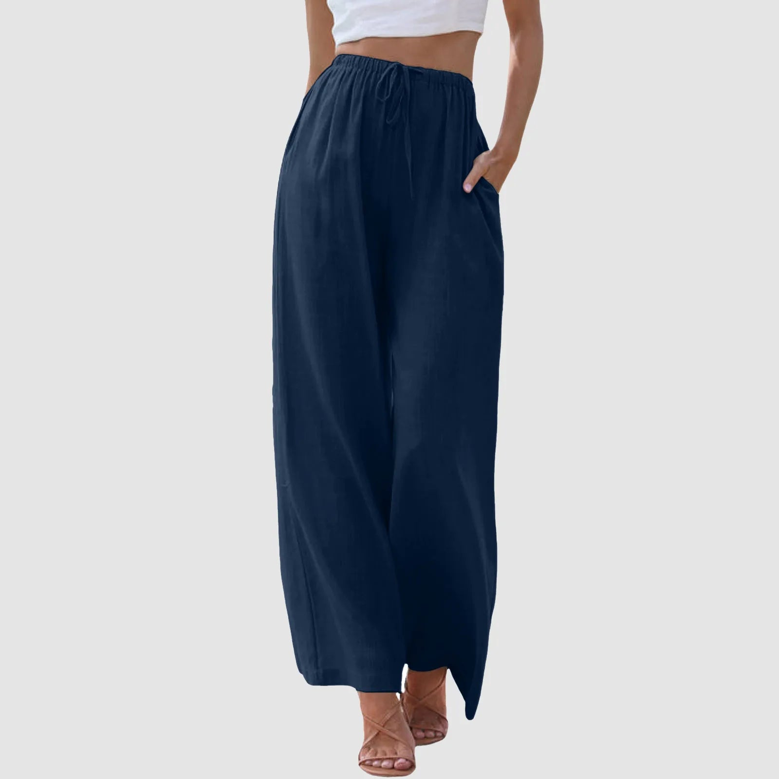 Women's High Waist Wide Leg Pants - Casual Drawstring Trousers
