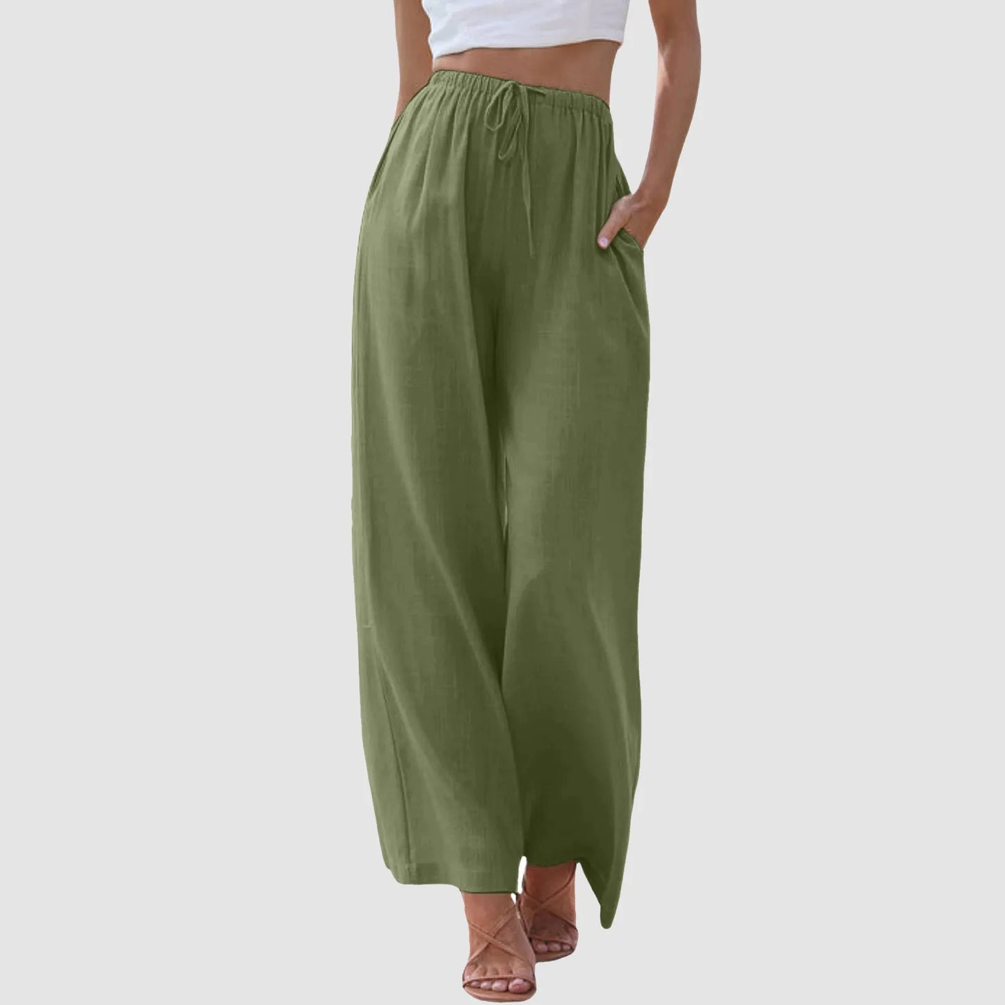 Women's High Waist Wide Leg Pants - Casual Drawstring Trousers